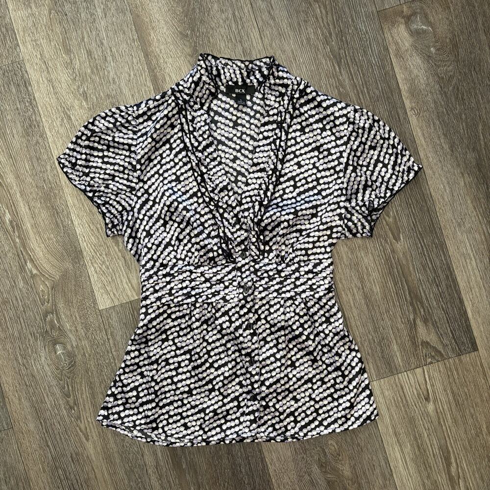 BCX Polka Dot Ruffle Collar Blouse Waist Tie Detail Classic Top Size L